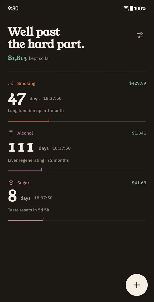 Reclaim's home screen: three streaks, 47 days off smoking, 111 days off alcohol and 8 days off sugar, with $1,813 kept so far.